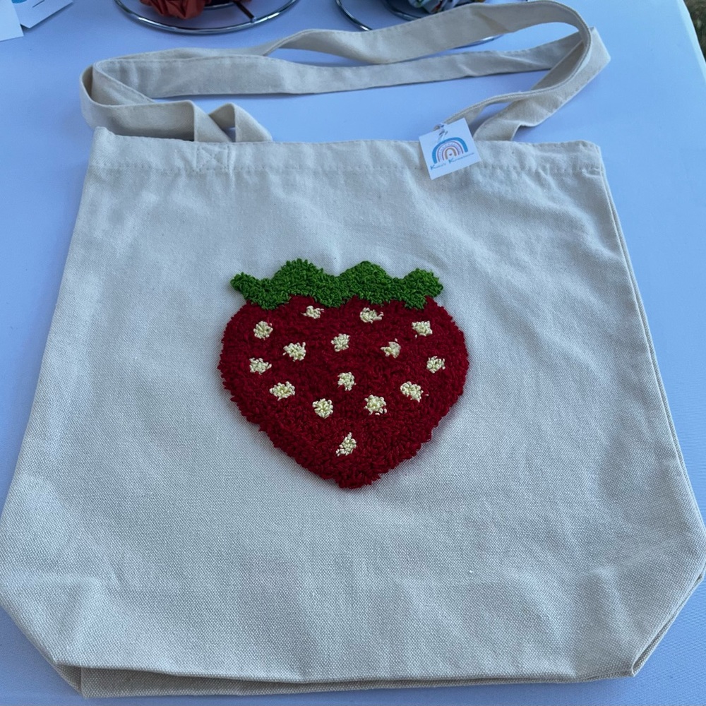 Strawberry punch needle tote bag